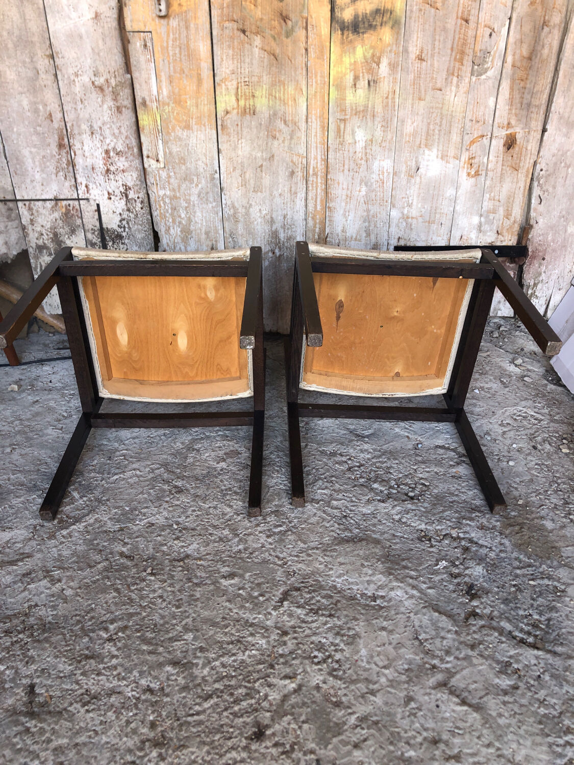 Pair of vintage cream wood & skai Scandinavian chairs