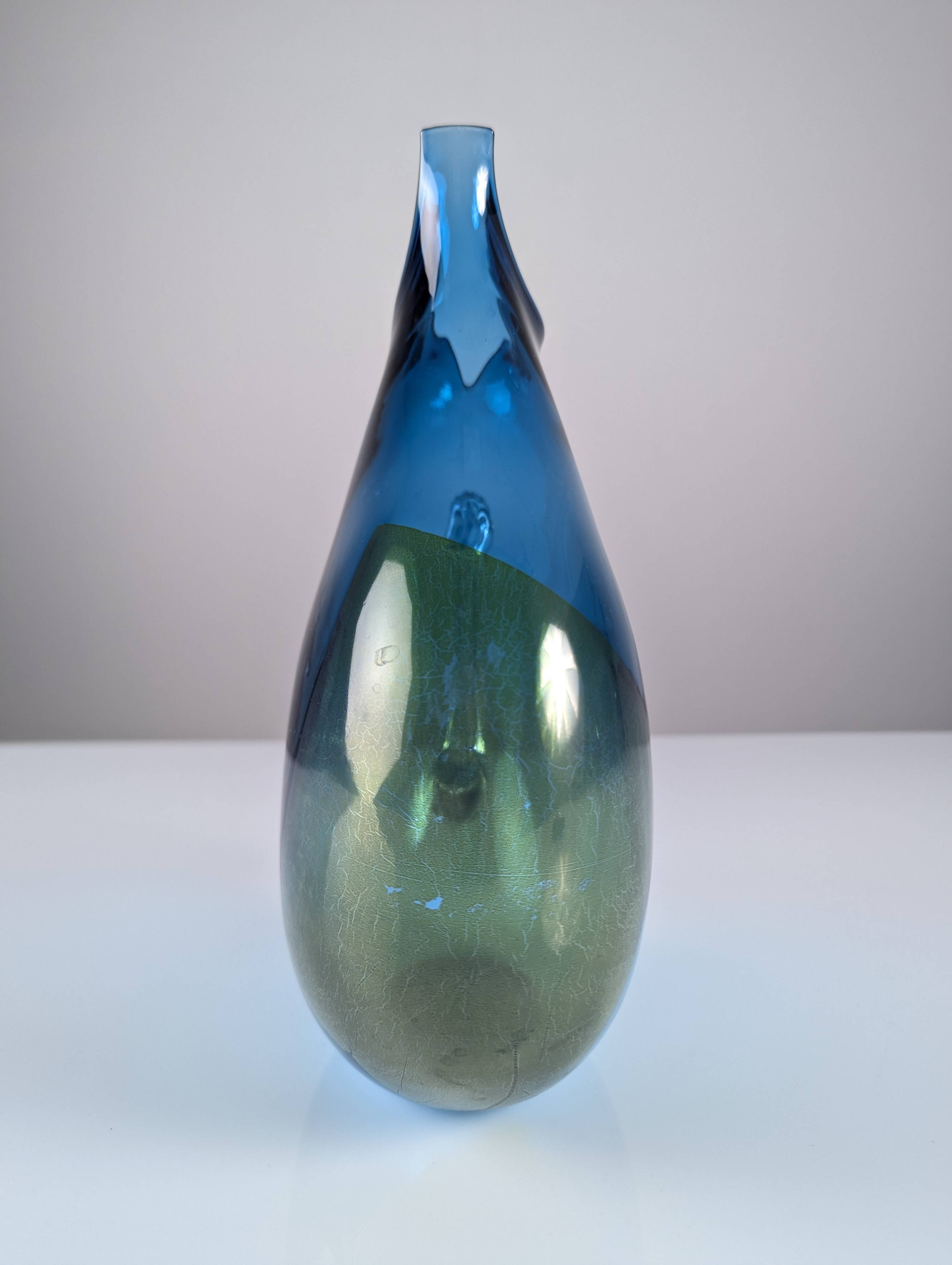 Unique Hand-Blown Glass Jug Signed by 20th Century Artisan – Vibrant Blue