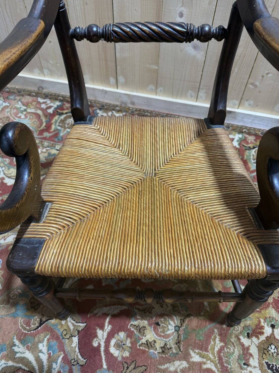 Pair of rustic straw-seated armchairs