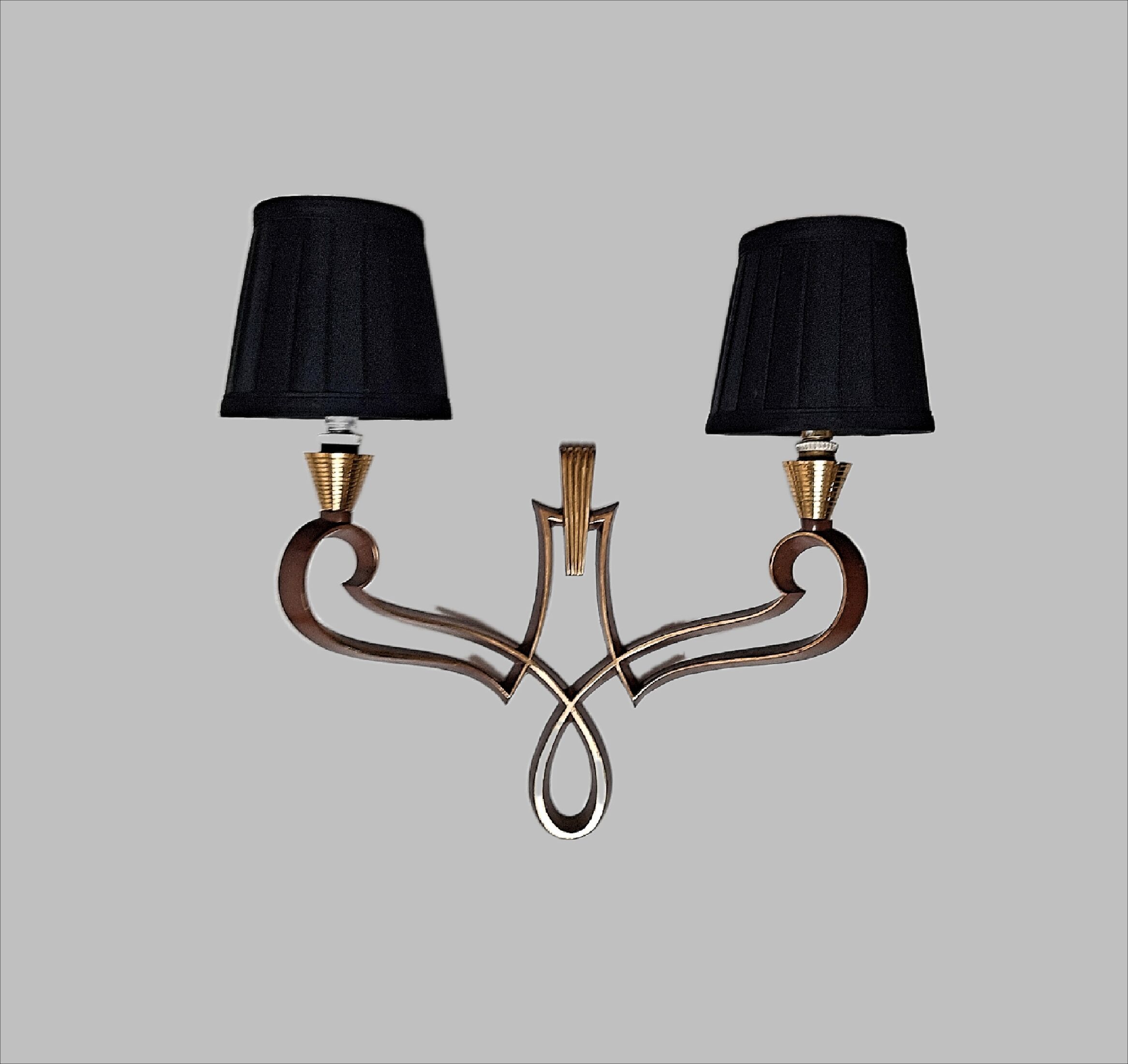 Genet and Michon pair of art deco wall sconces, bronze