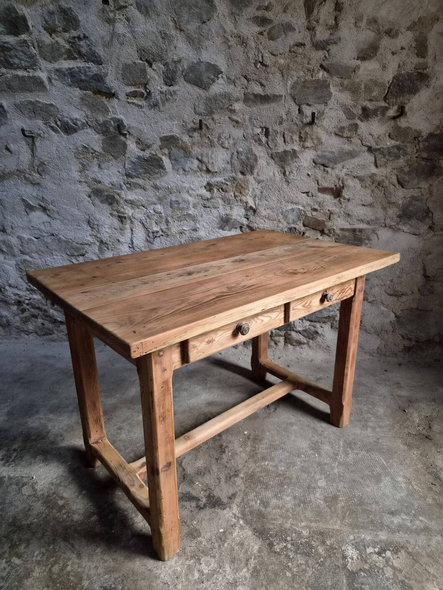 Vintage pine kitchen table or desk with two drawers – 1950s