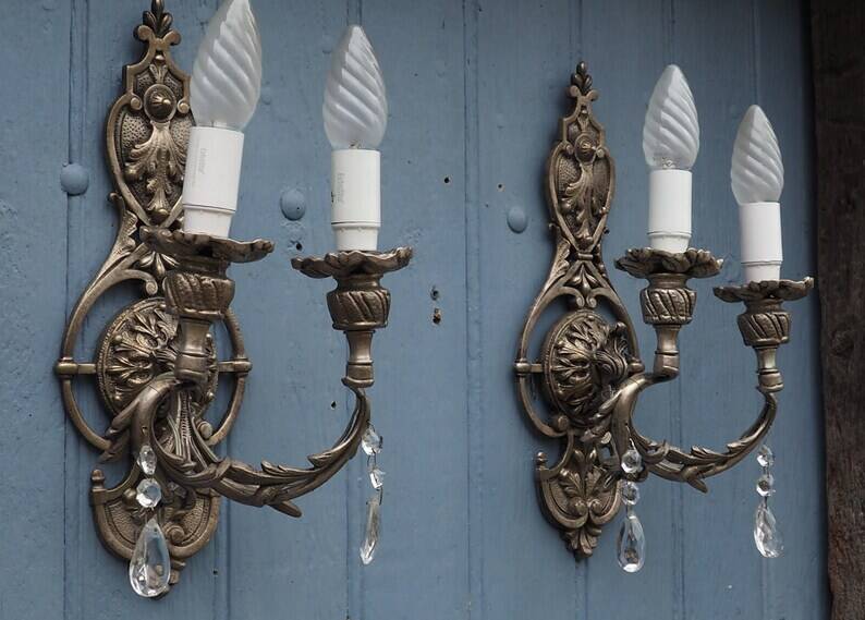 Italian Hollywood Regency Crystal Wall Lights – Silvered Metal Double Arm Light