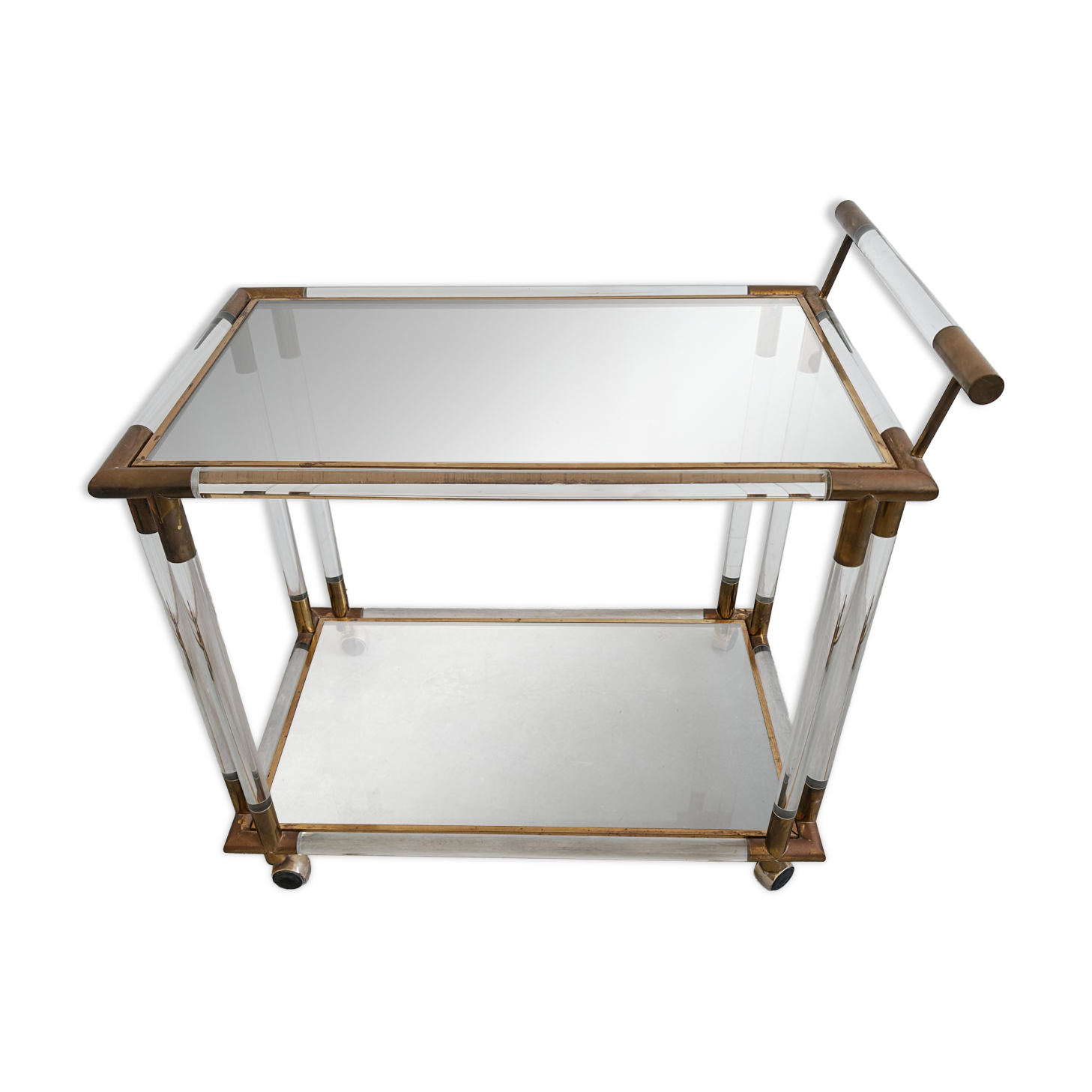 Modern mid-century bar cart in lucite, bronze, and glass, 1970s