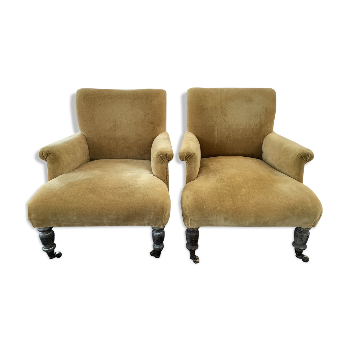 2 mustard velvet armchairs