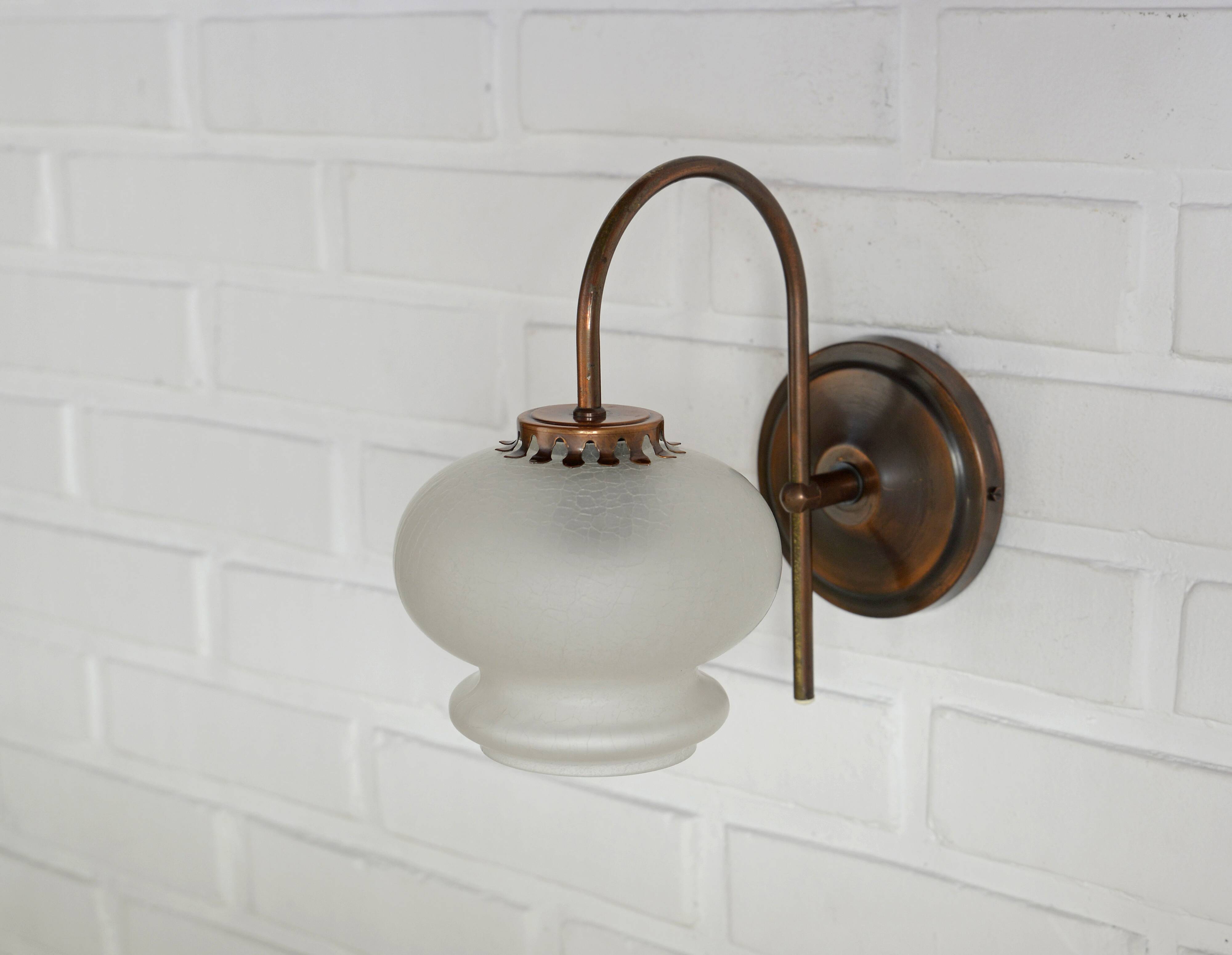 Vintage wall lamps / set of 3 / copper and ice glass rustic sconces