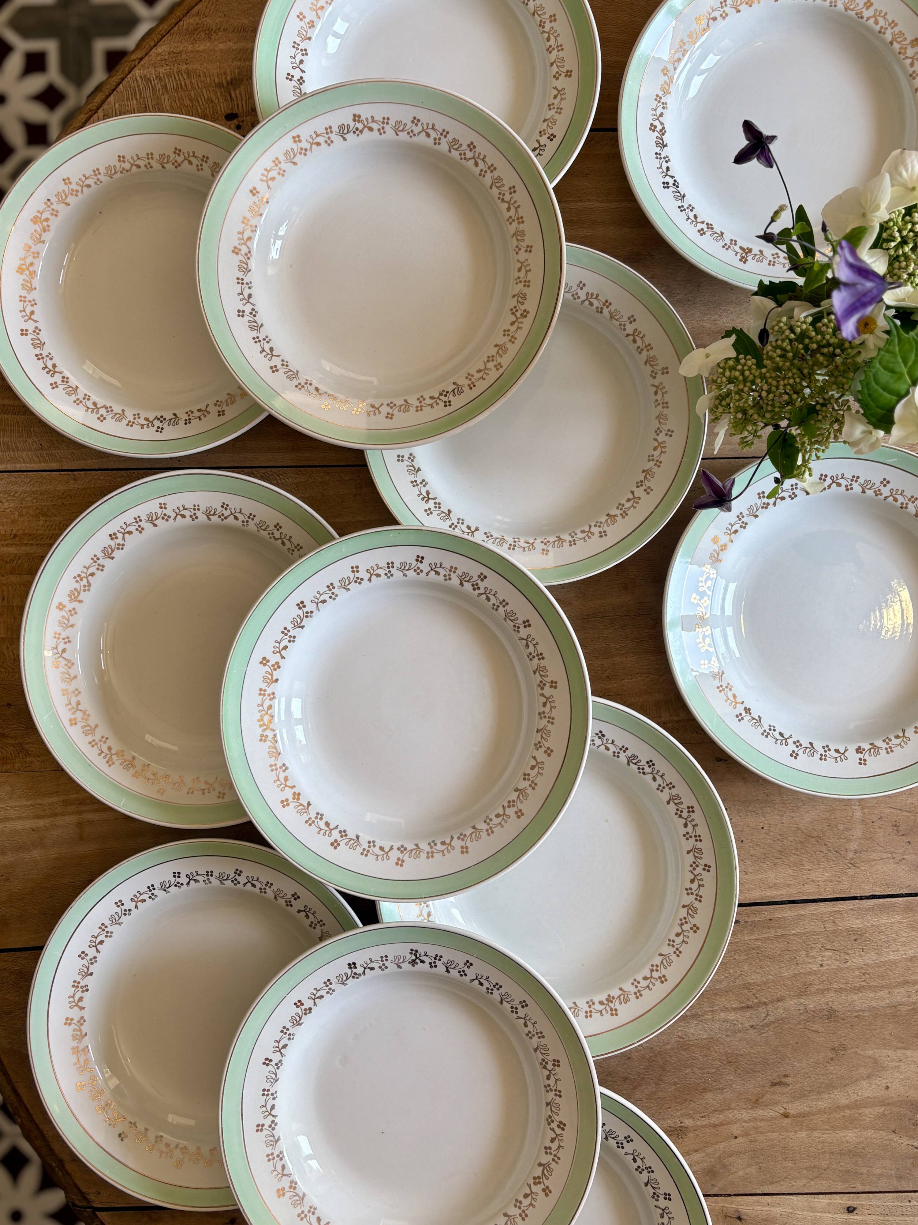 Set of 12 white, mint and gold soup plates, Mosèle de Luné model