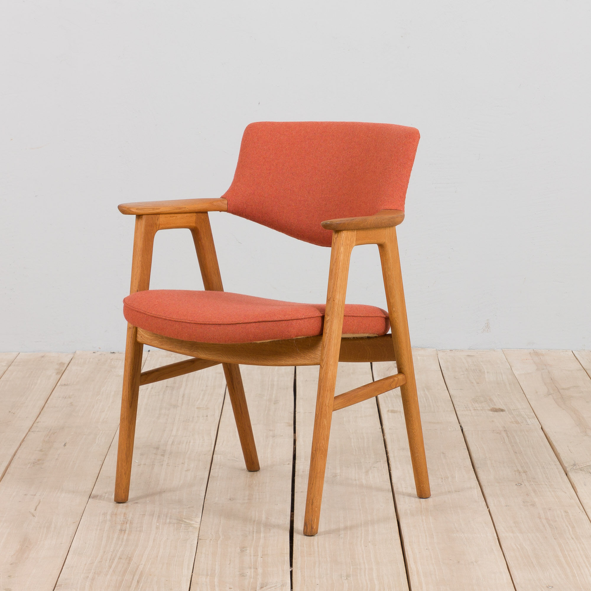 Erik Kirkegaard Oak desk chair in new pale red  wool upholstery.
