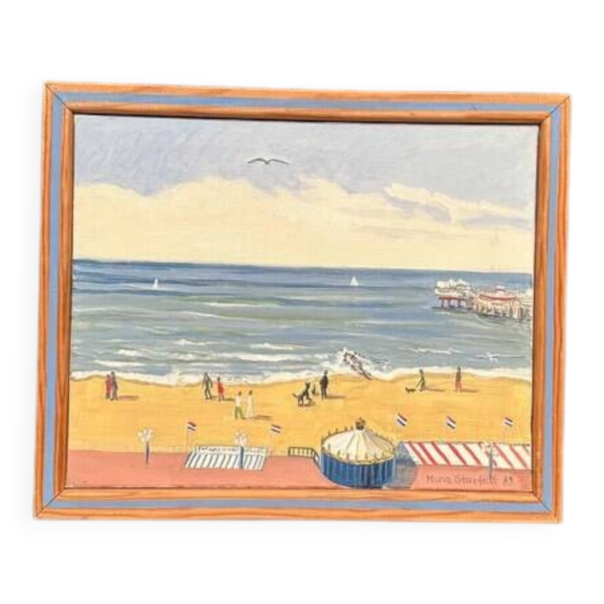 Original Swedish Oil on Canvas – "Day at the Beach" by Mona Starfelt – Signed – Dated 1989 – Framed