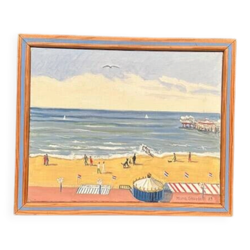 Original Swedish Oil on Canvas – "Day at the Beach" by Mona Starfelt – Signed – Dated 1989 – Framed
