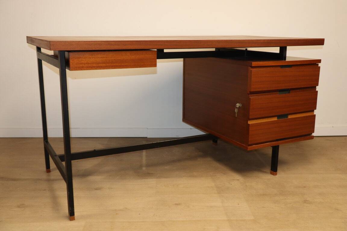 Vintage mahogany desk by Pierre Guariche edition Minvielle, 1960