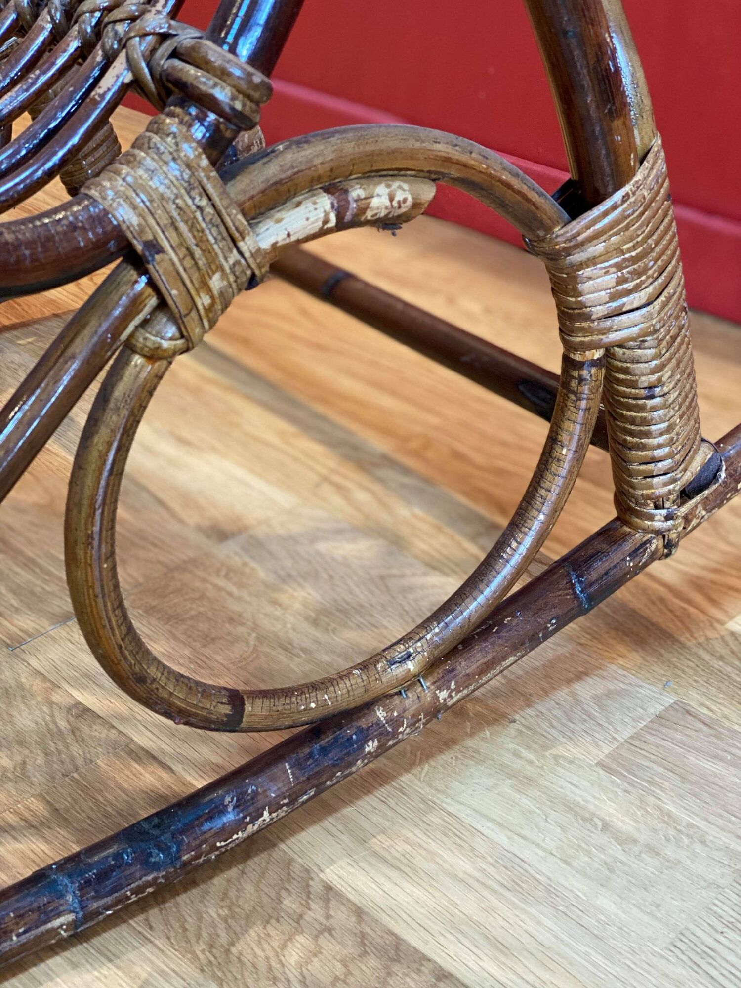 Vintage rocking chair, 60's, rattan and bamboo Rohé Noordwolde