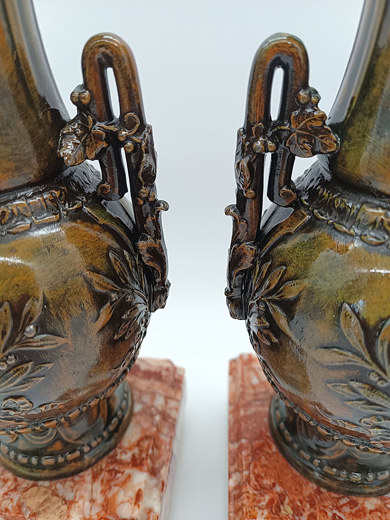 Pair of Antique Cassolettes Vases Louis XVI Style Regule & Red Marble 19