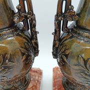 Pair of Antique Cassolettes Vases Louis XVI Style Regule & Red Marble 19