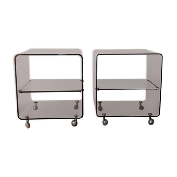 Pair of vintage smoked plexiglass bedside tables or accent furniture.