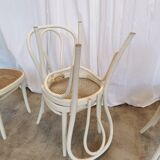 Set of 4 Vintage Thonet Style Dining Chairs: White Wood & Cane