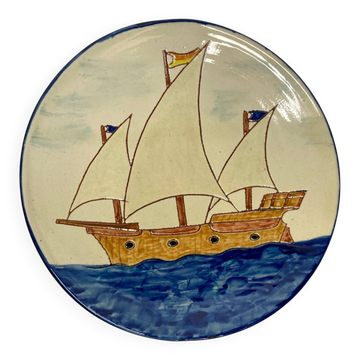 Assiette artisanale Keros bateau Lloret Espagne XXème
