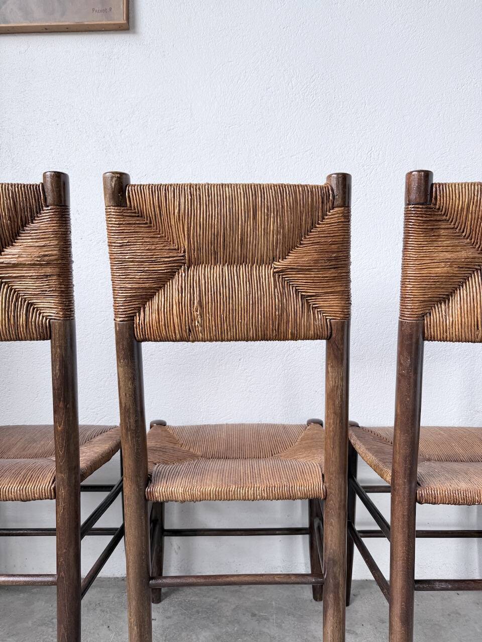 Set of 6 straw and oak Beauche chairs.