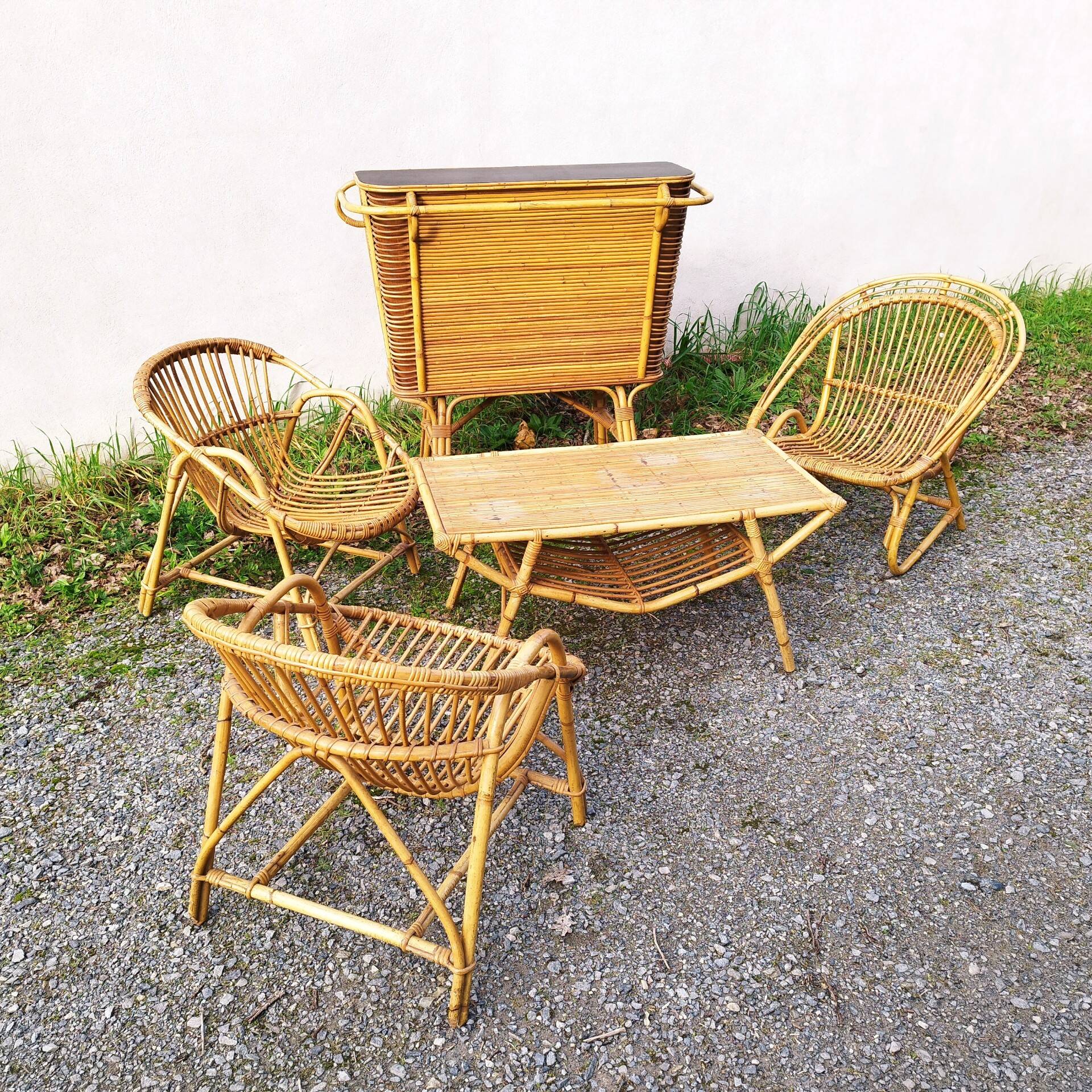 Pair of vintage rattan shell armchairs design 1960