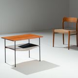 Sidetable with teak top and black and white storage shelves