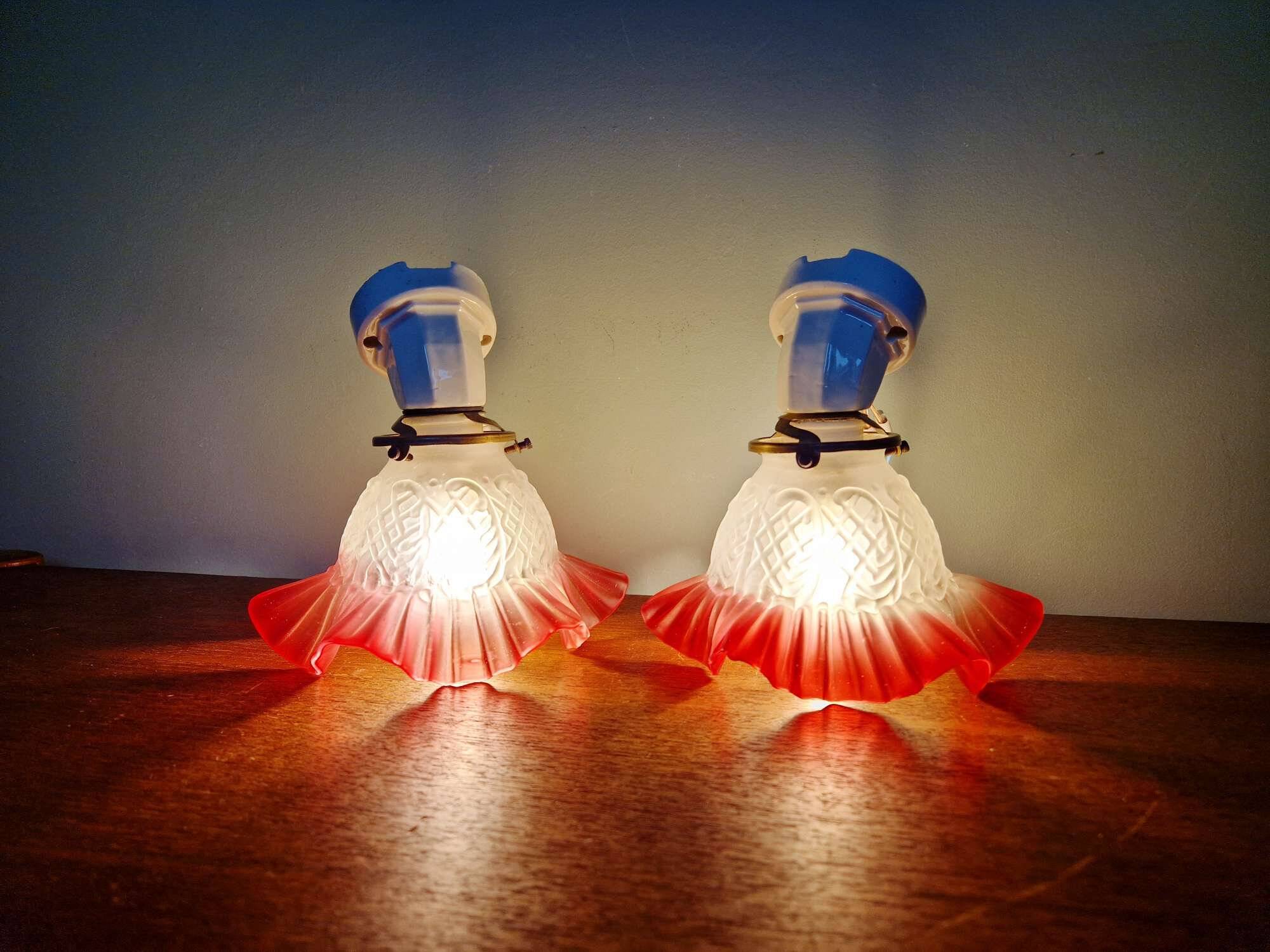 Pair of porcelain and scalloped glass wall sconces, 1920s-30s