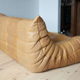 3-seater Togo camel leather sofa designed by Michel Ducaroy 1973