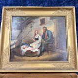 École Italienne du XIXeme : huile sur toile figurant une scène familiale circa 1820
