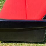 Vintage sofa 3 places convertible, red fabric and black skaï.1960s.
