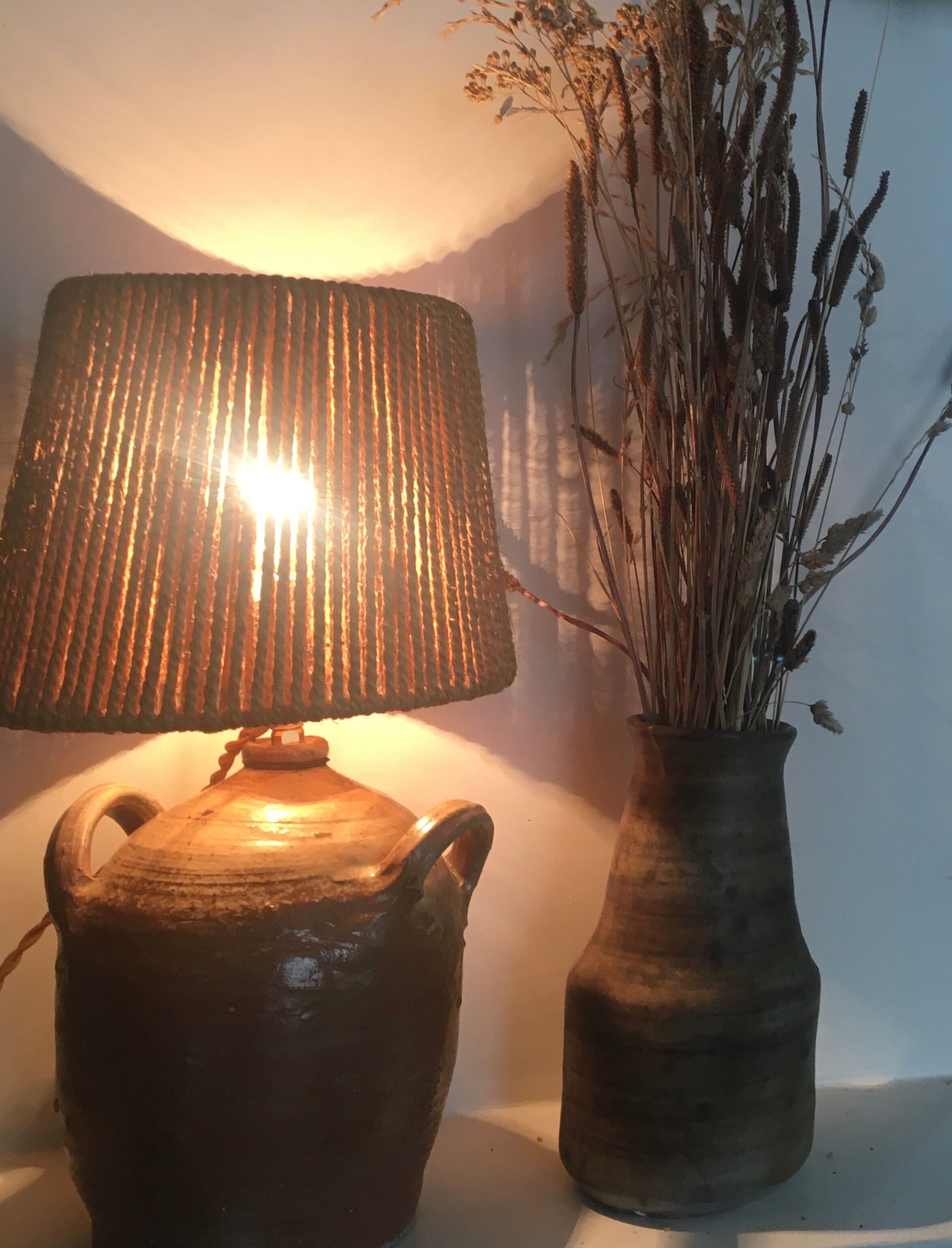 Terracotta lamp, string blinds, cable and vintage switch