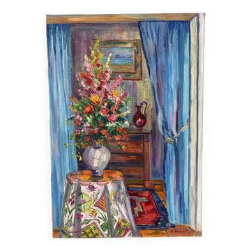 Intérieur bleu au bouquet, huile sur toile signée Gisèle Renaut