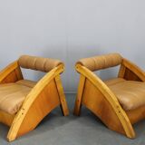 1970s Pair of Rare Oak Armchairs Upholstered in  Leatherette, Czechoslovaki