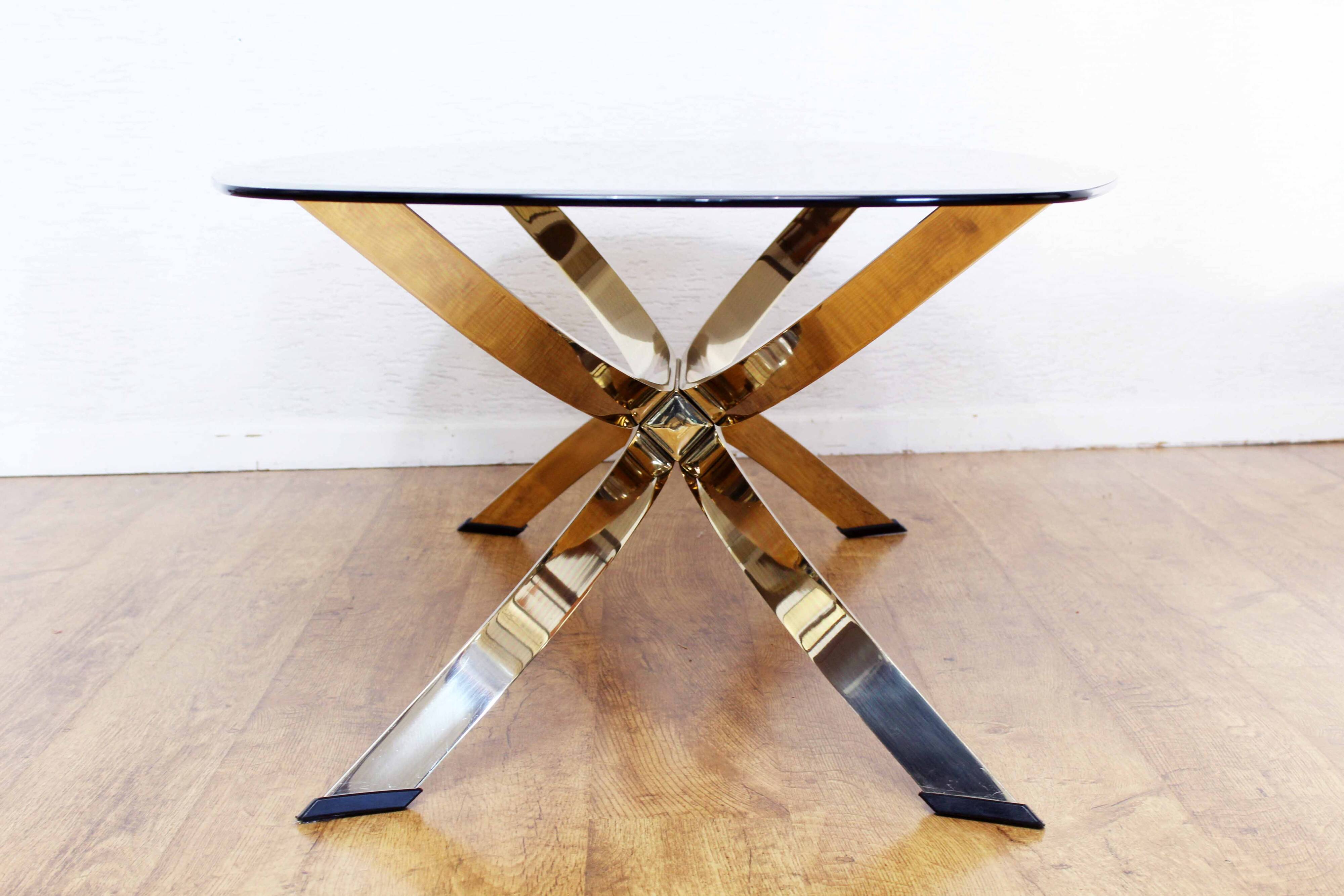 Italian coffee table in smoked glass and brass