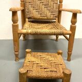 Wood and rope armchair and footrest