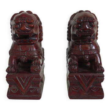 Paire de chiens Foo chinois vintage en bois