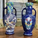 Pair of art deco enameled earthenware vases signed Amphora - Made in Czechoslovakia