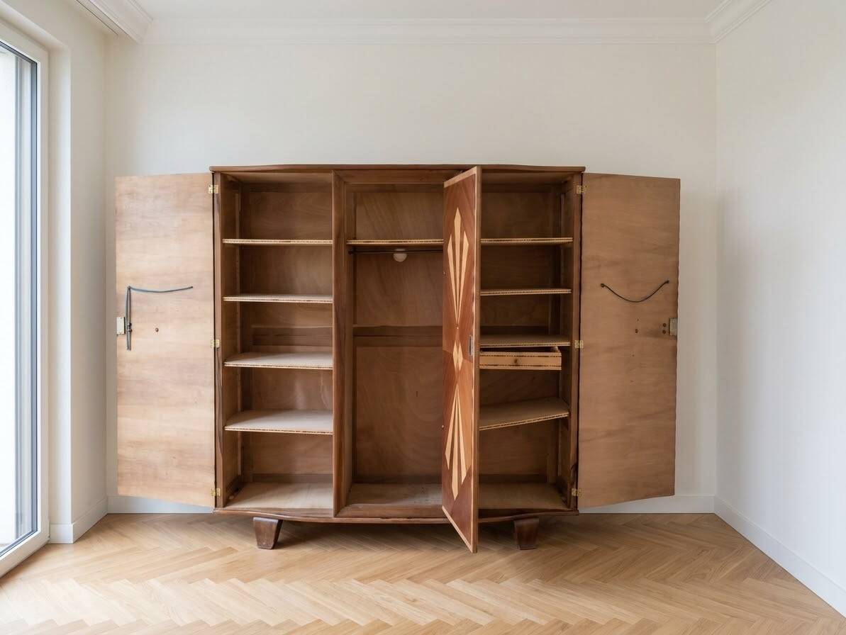 Vintage 1950s wardrobe in wood with a rosewood effect.