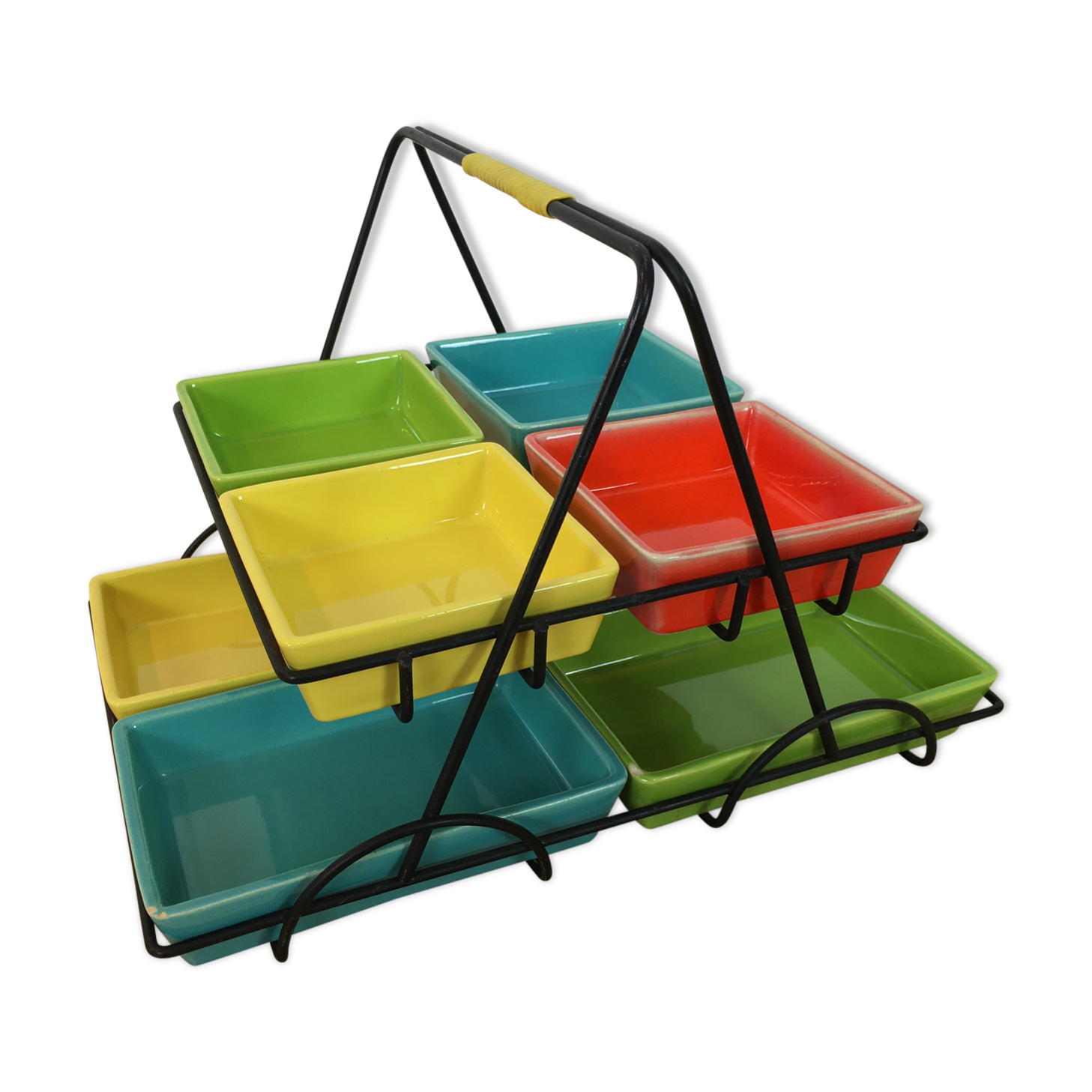 Black metal appetizer set with colorful ceramic ramekins