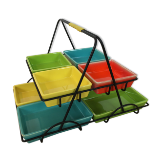 Black metal appetizer set with colorful ceramic ramekins