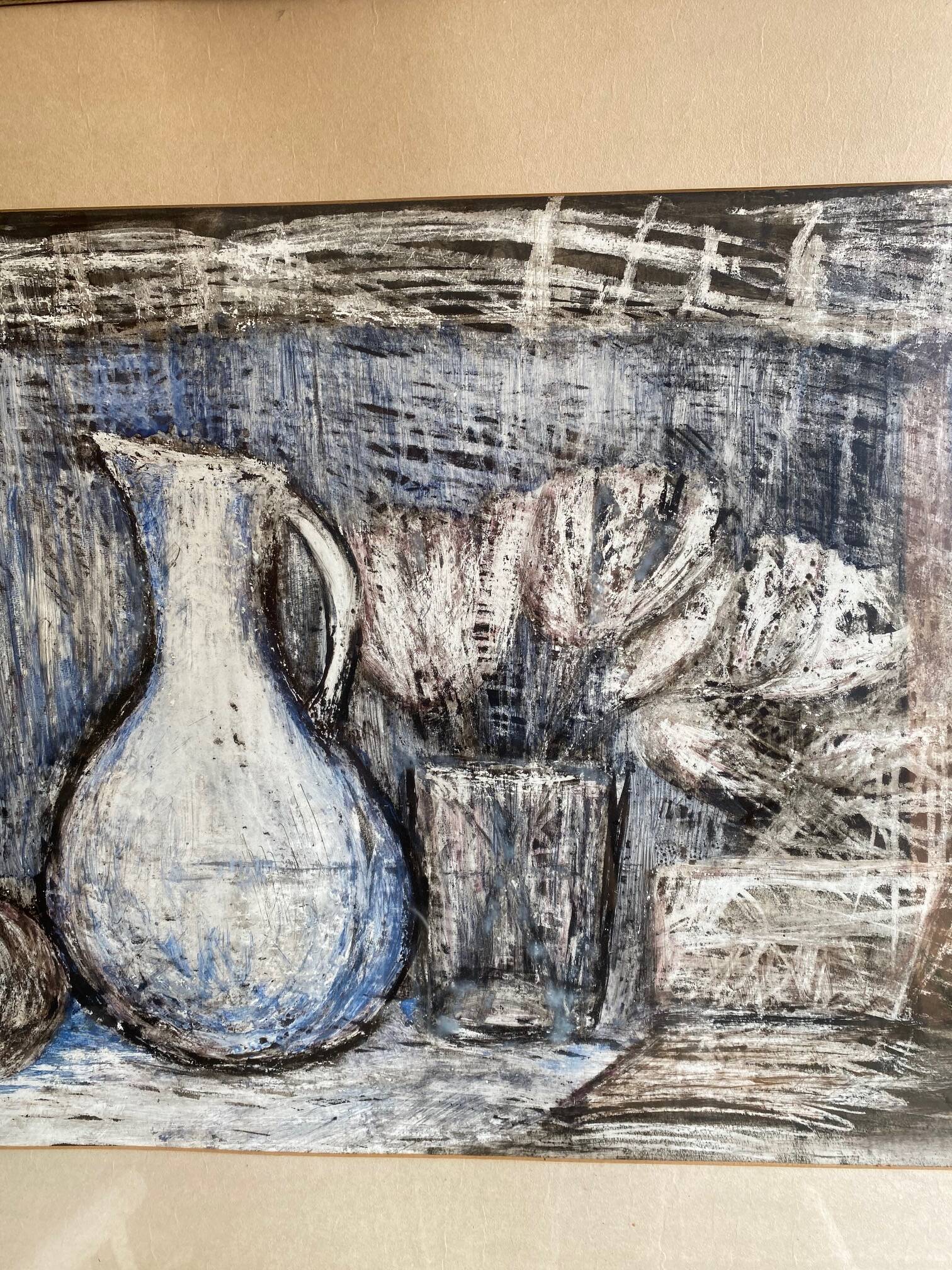 Still life modern gouache painting on paper signed and framed