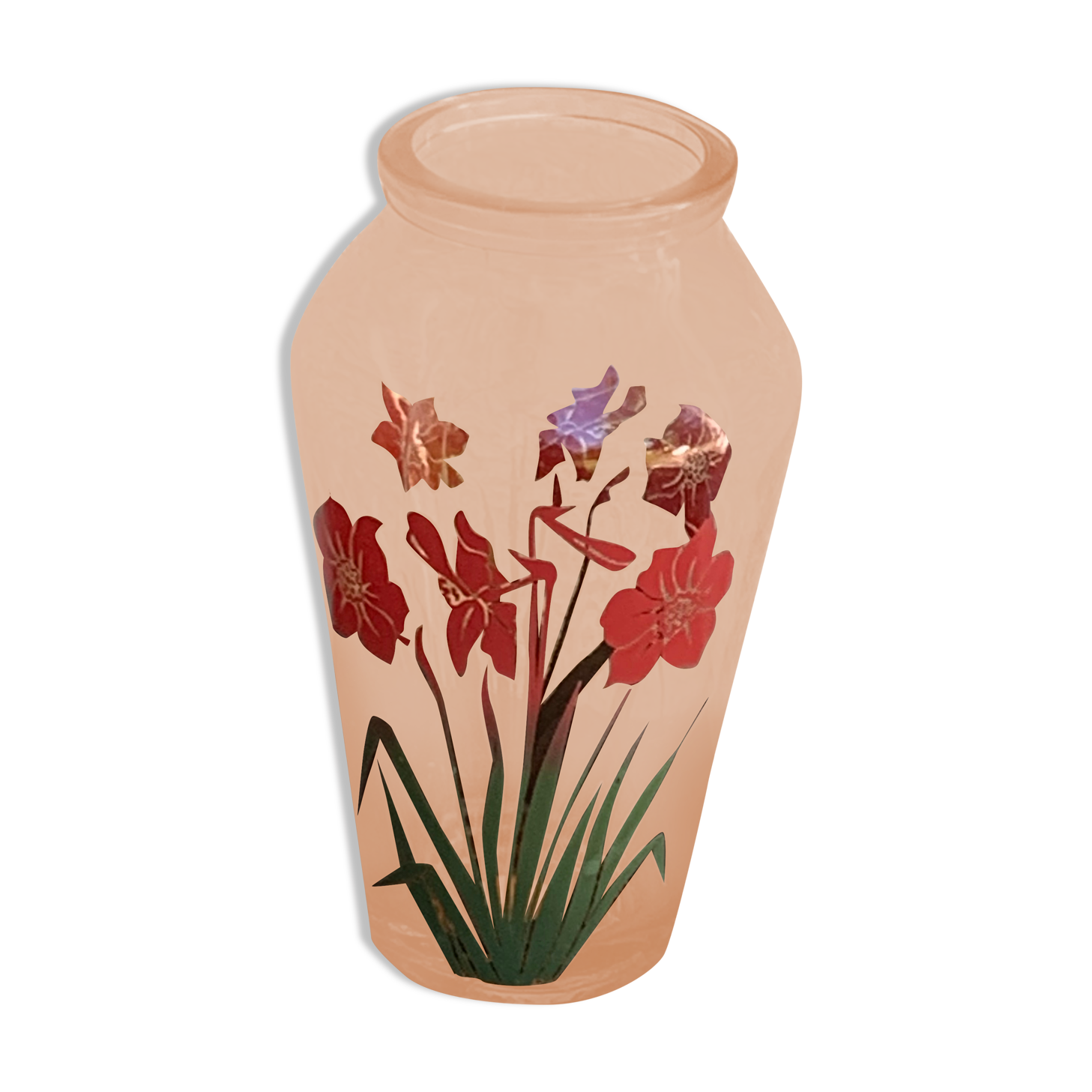 Vintage red-flowered pink glass vase