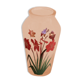 Vase en verre rose à fleurs rouges vintage