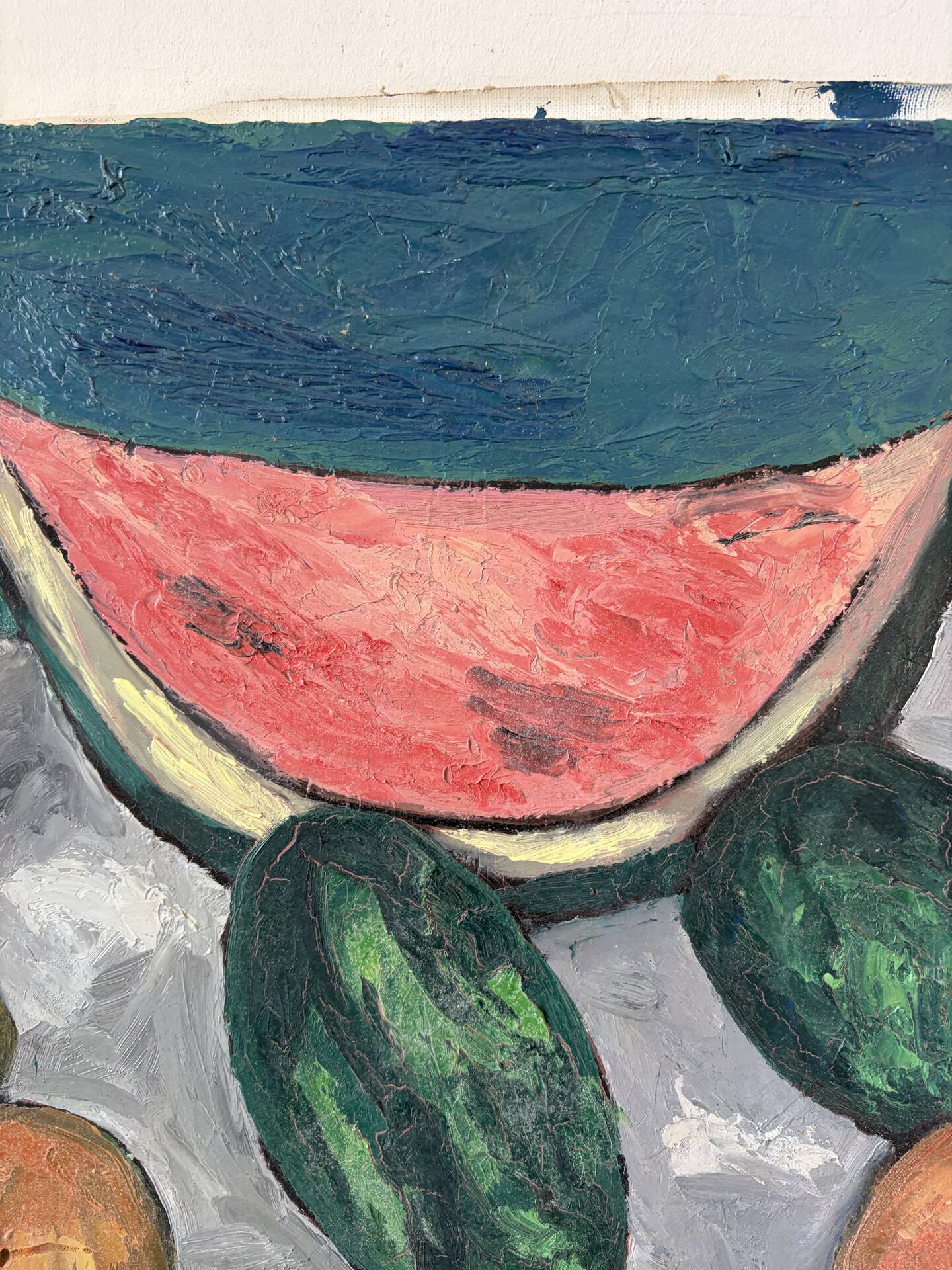 Still life, watermelon and clown, oil on canvas signed 1988