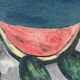 Still life, watermelon and clown, oil on canvas signed 1988