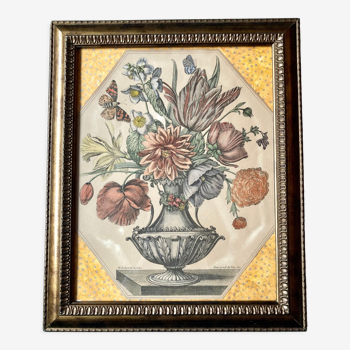 Gravure XVIIème, vase aux fleurs & papillons N. Robert