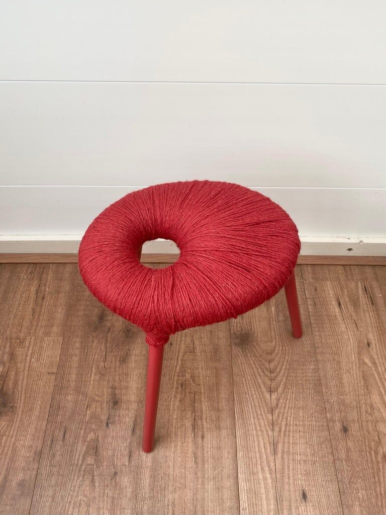 Ikea Red Metal and Wool Three pod Stool, Model Eskilstuna, 1990s