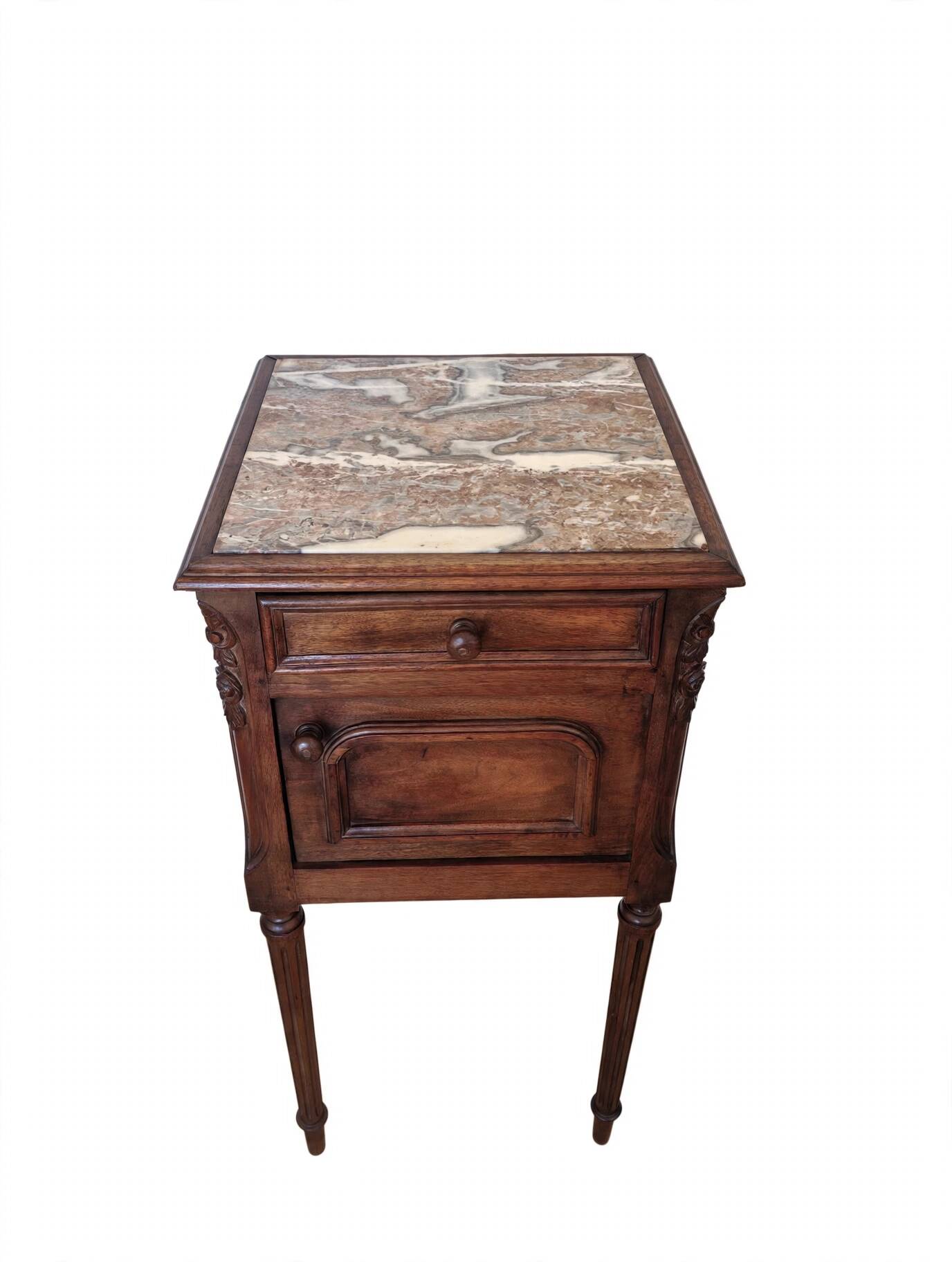 Louis XVI bedside table in walnut and marble - pink sculptures