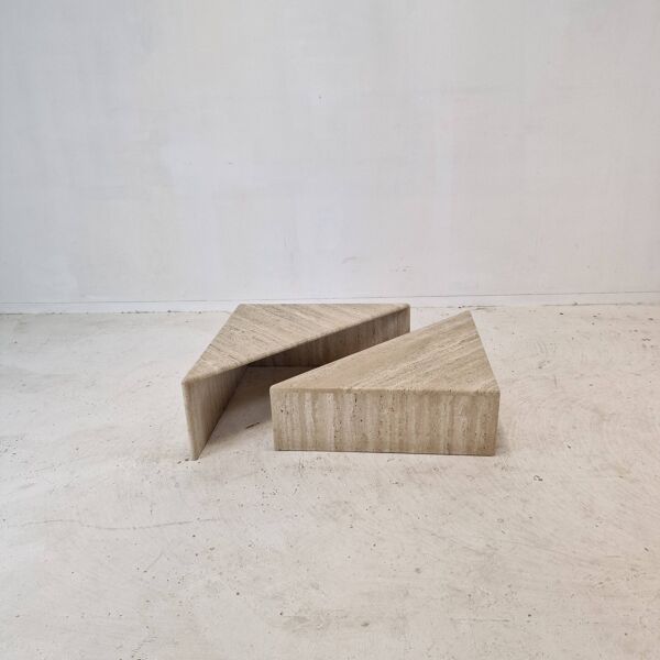 Set of Two Triangle Coffee Tables In Travertine By Up & Up, Italy 1980's