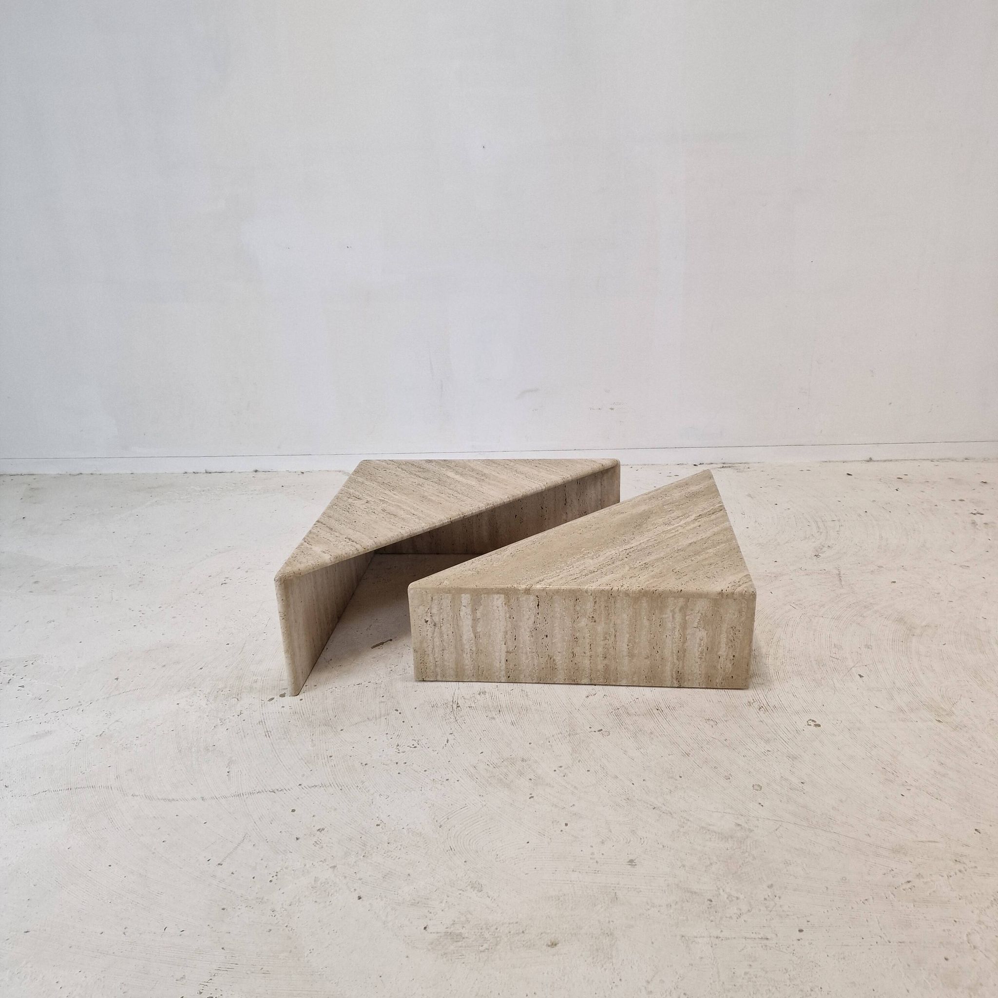 Set of Two Triangle Coffee Tables In Travertine By Up & Up, Italy 1980's
