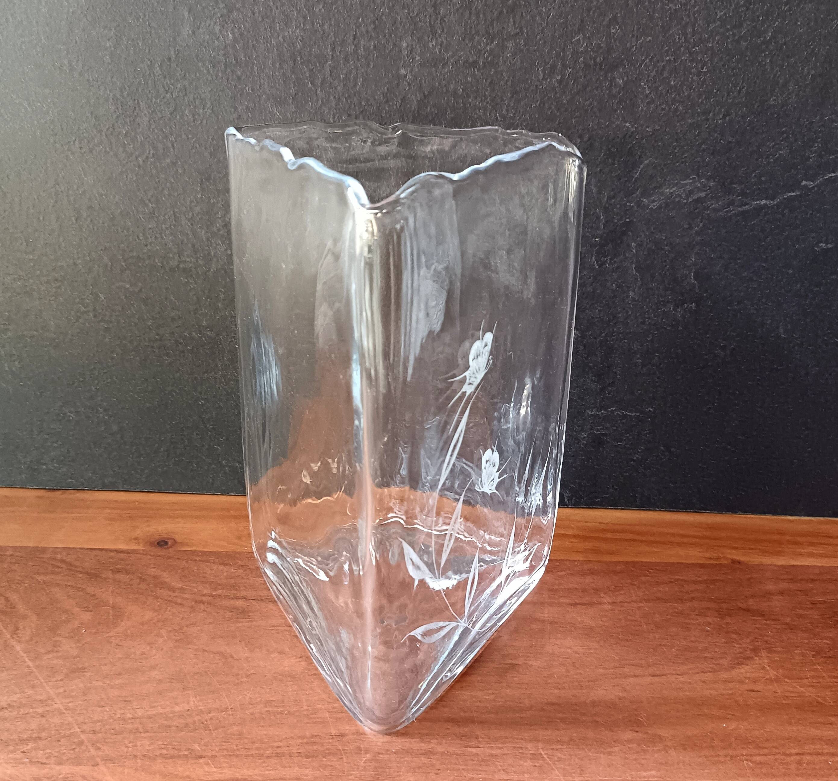 Large vintage crystal triangular transparent vase