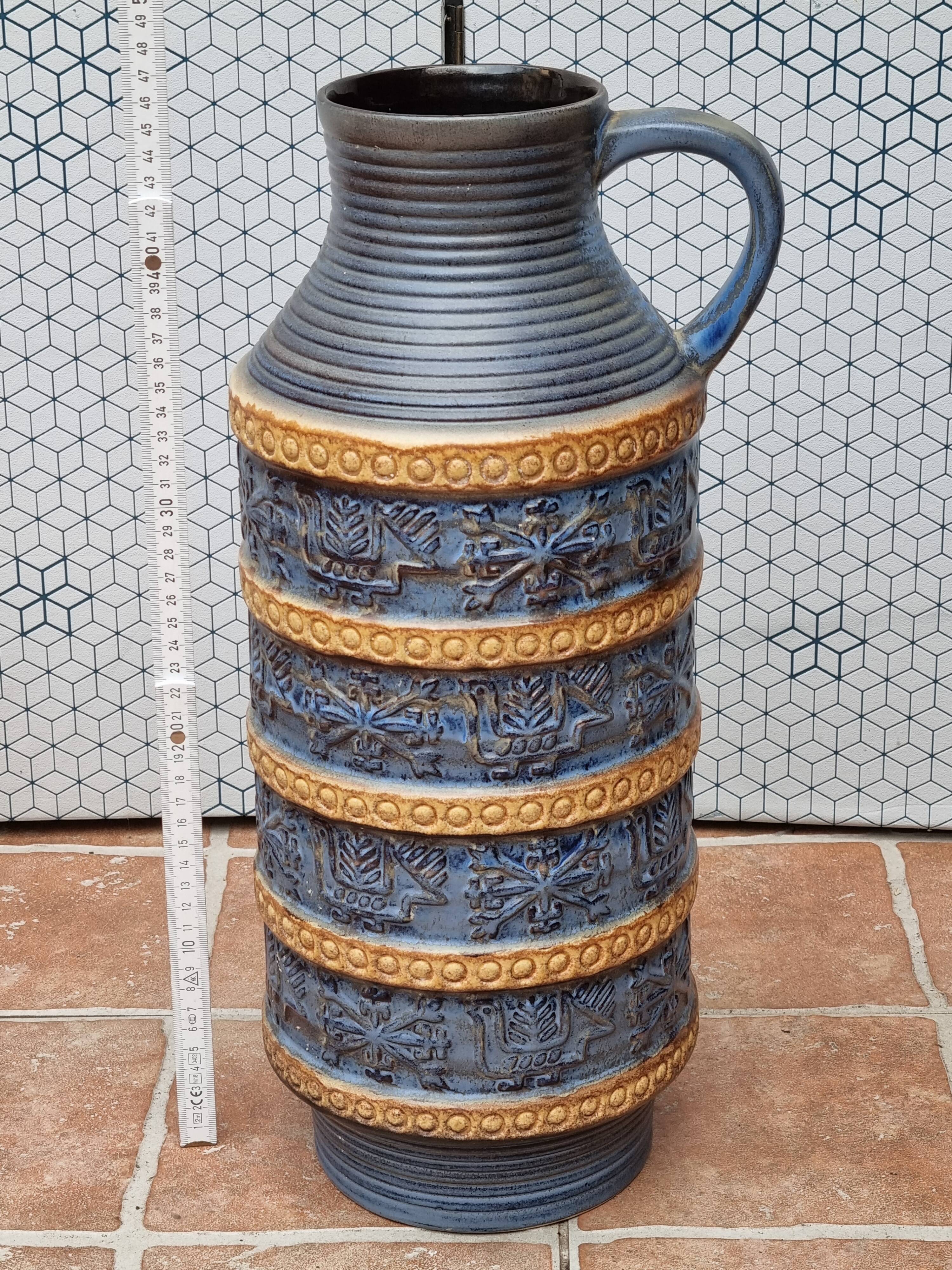 Large Bay Keramik vase in blue and ochre ceramic – West Germany, 47 cm