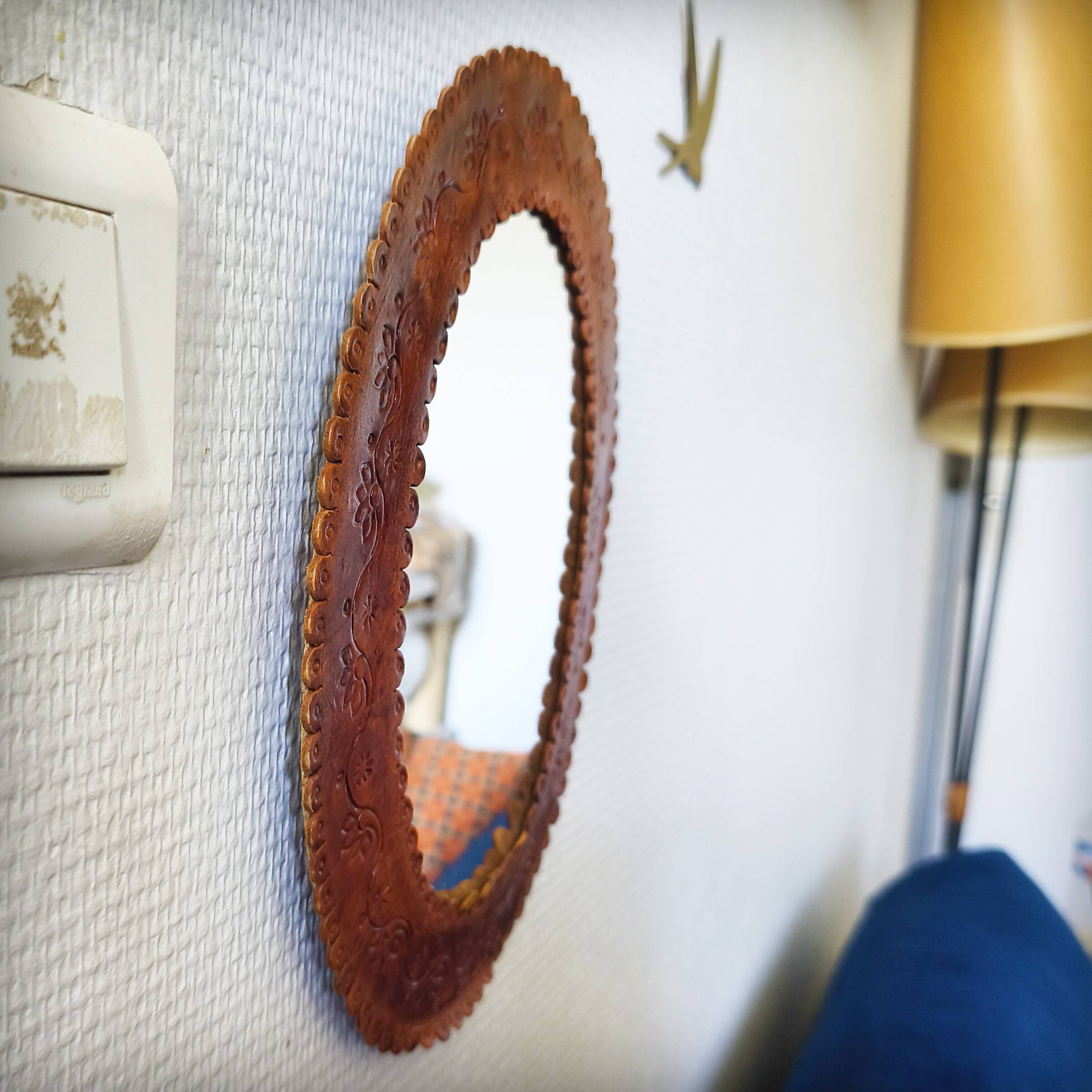 Leather repoussé mirror, Sri Lanka, 1960s